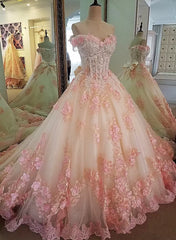Bridesmaids Dresses Blush Pink, Glam Pink Flowers Tulle Off Shoulder Sweet 16 Dress, Ball Gown Formal Dress