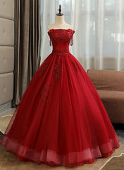 Formal Dresses Long Sleeves, Glam Wine Red Quinceanera Dress Party Dress, Tulle Long  Embroidered with Flowers Formal Dress