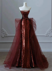 Glam Wine Red Sequins och Tulle Long Party Dress, Wine Red Evening Dress Prom Dress