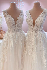 Wedding Dress Short, Glamorous Long A-Line Open Back Tulle Appliques Lace Wedding Dress