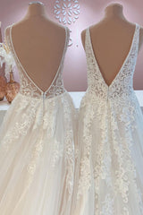 Wedding Dresses Short, Glamorous Long A-Line Open Back Tulle Appliques Lace Wedding Dress