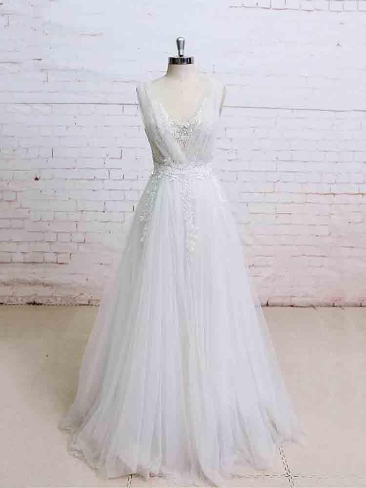 Wedding Dress Boutique, Glamorous Long A-line V-Neck Backless Tulle Wedding Dresses