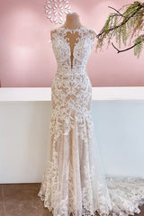 Wedding Dress Satin, Glamorous Long Mermaid Bateau Appliques Lace Tulle Wedding Dress