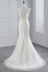 Wedding Dresses With Long Sleves, Glamorous Long Mermaid Tulle Appliques Lace Wedding Dress