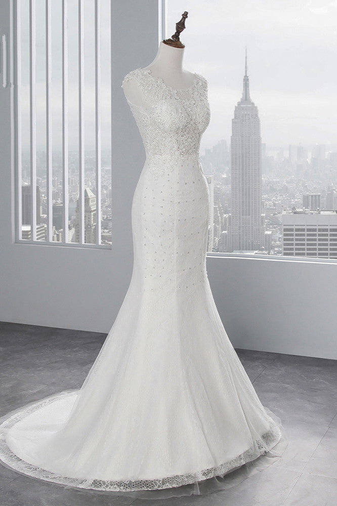 Wedding Dress With Sleeves Lace, Glamorous Long Mermaid Tulle Appliques Lace Wedding Dress