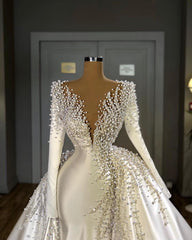 Wedsing Dresses With Sleeves, Glamorous Long Sleeve Pearls Wedding Dress V-Neck With Detachable Train Online