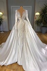 Weddings Dresses With Sleeves, Glamorous Long Sleeve Pearls Wedding Dress V-Neck With Detachable Train Online