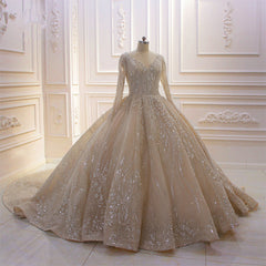 Wedding Dress Vintage, Glamorous Long Sleeve V-neck Sequin Beading Ball Gown Wedding Dress