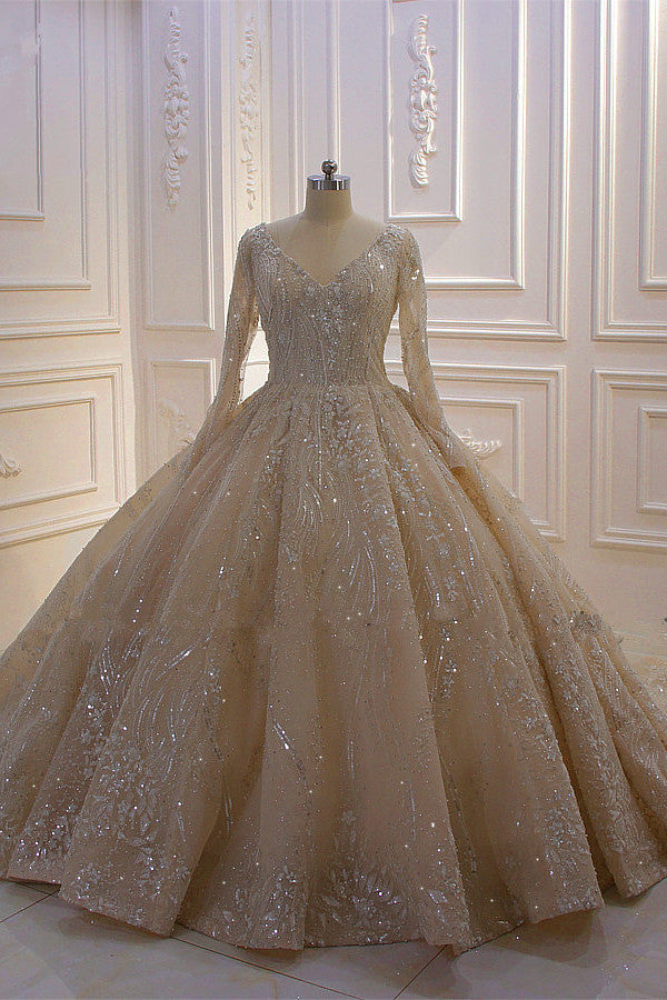 Wedding Dress Outfit, Glamorous Long Sleeve V-neck Sequin Beading Ball Gown Wedding Dress