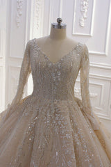 Wedding Dresses Long Sleeve, Glamorous Long Sleeve V-neck Sequin Beading Ball Gown Wedding Dress