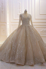 Wedding Dress Designers, Glamorous Long Sleeve V-neck Sequin Beading Ball Gown Wedding Dress