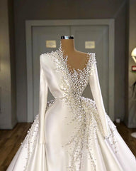 Wedding Dress With Sleeved, Glamorous Long Sleeves Pearls Wedding Dresses Mermaid With Detachable Train
