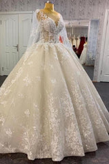 Wedding Dresses Ball Gown, Glamorous Long Sleevess Lace A line Bridal Gown Pirncess Wedding Dress