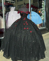 Party Dress Renswoude, Glitter Black With Burgundy Butterflies Quinceanera Dress Sweet 16 Dress Ball Gown