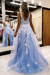 Glitter Blue Lace A-Line Long Prom Dress with Flowers and Pockets