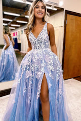 Glitter Blue Lace A-Line Long Prom Dress with Flowers and Pockets