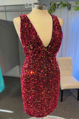 Maxi Dress Outfit, Glitter Burgundy V-Neck Sequined Bodycon Homecoming Dress,graduation dresses