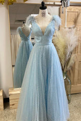 Bridesmaid Dresses Designer, Glitter Feathers V-Neck Empire Waist A-Line Prom Gown,Evening Party Dress