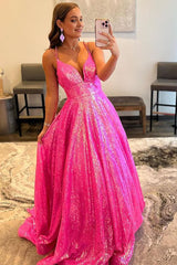 Glitter Fuchsia Sequins Long Prom Dress