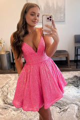 Glitter Hot Pink A-Line Short Homecoming Dress with Pockets
