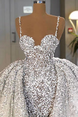 Evening Dress Sleeves, Glitter Mermaid Ball Gown Spaghetti Sequins Tulle party Gown