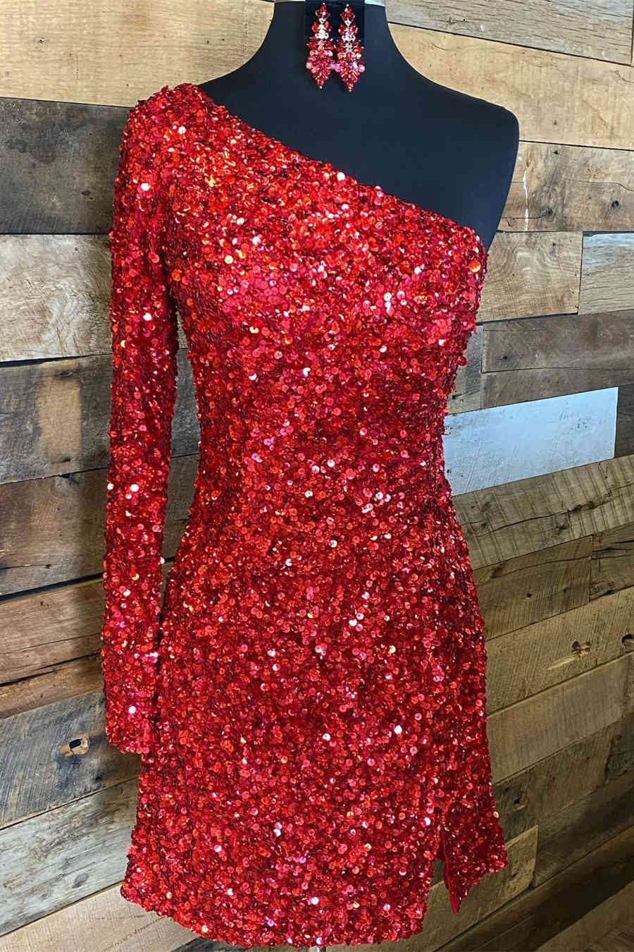 Black Tie Wedding Guest Dress, Glitter One Sleeve Red Sequined Homecoming Dress,Stunning Cocktail Dresses Short Formal
