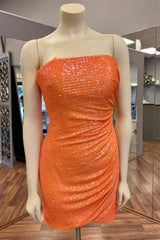 Prom Dresses Blushes, Glitter Orange Strapless Sequined Mini Homecoming Dress