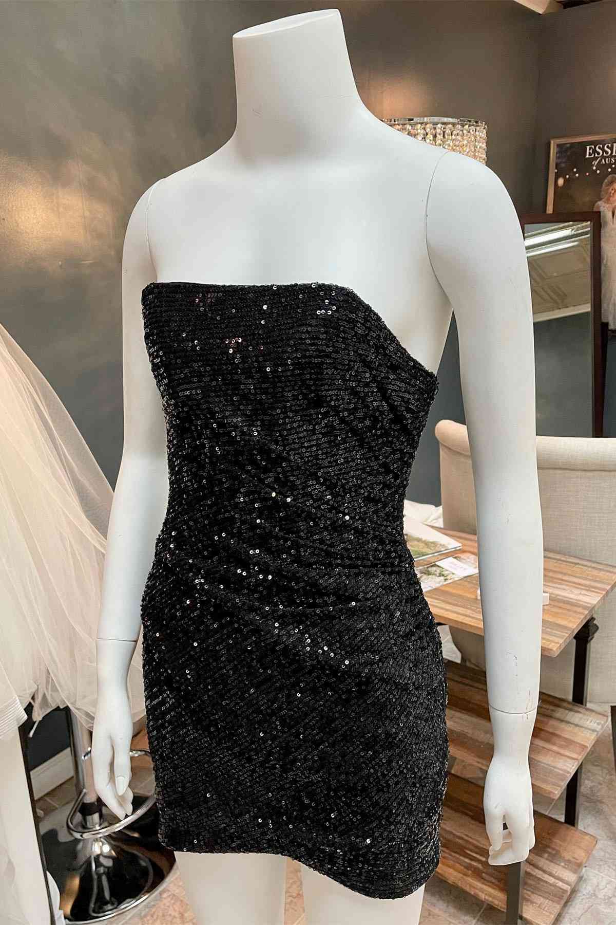 Prom Dresses 2027 Long Sleeve, Glitter Orange Strapless Sequined Mini Homecoming Dress