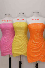 Prom Dress Blush, Glitter Orange Strapless Sequined Mini Homecoming Dress