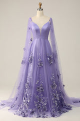 Glitter Purple A-Line Long Prom Dress with 3D Flowers