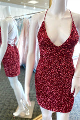 Elegant Gown, Glitter Red Sequin V Neck Short Homecoming Dresses Prom Dress