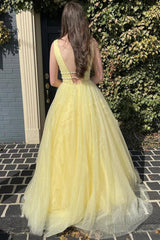 Glitter Yellow A-Line Beaded Long Tulle Prom Dress