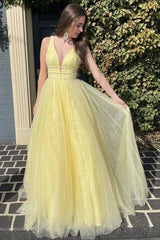 Glitter Yellow A-Line Beaded Long Tulle Prom Dress