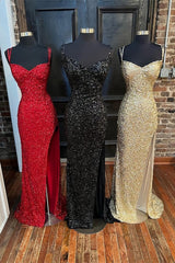 Bridesmaid Dress Cheap, Glitters Mermaid Sequin Long Formal Dress with Slit,Best Prom Dresses