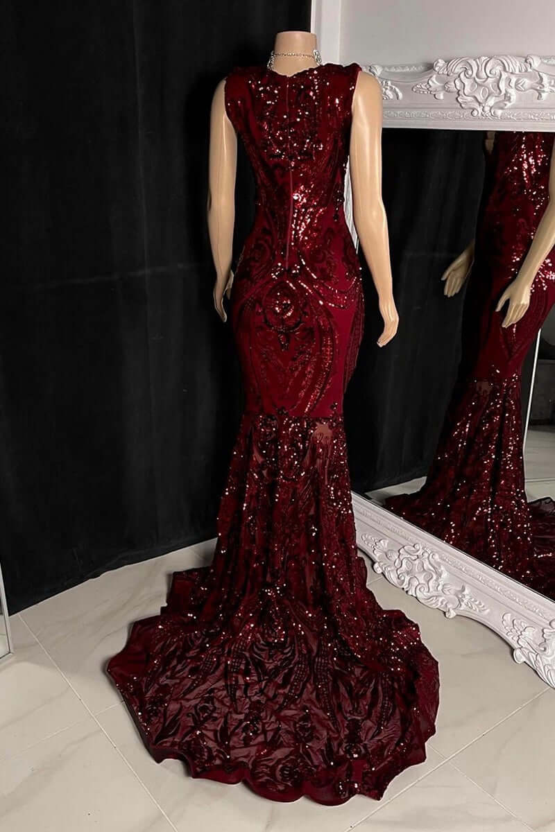 Bridesmaid Dress Sale, Glittery Long Red Mermaid Sleeveless Prom Dresses Sequin