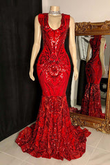 Bridesmaid Dress Custom, Glittery Long Red Mermaid Sleeveless Prom Dresses Sequin
