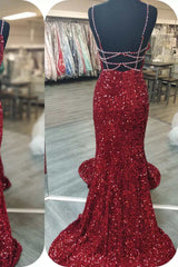 Bridesmaid Dress Idea, Glittery Mermaid Red Sequin V-Neck Lace-Up Back Prom Dress Gala Gown