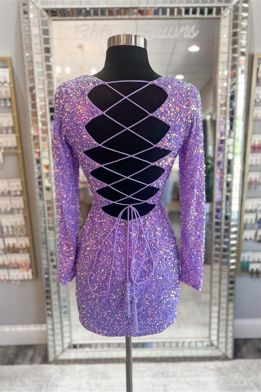 Homecoming Dresses Pink, Purple Lace-Up Sequins Plunging V Neck Long Sleeves Sheath Homecoming Dress