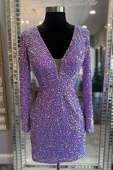 Homecomming Dresses Black, Purple Lace-Up Sequins Plunging V Neck Long Sleeves Sheath Homecoming Dress