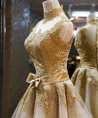 Party Dress Long Sleeve, Gold Lace High Neck Short Prom Dress, Homecoming Dress