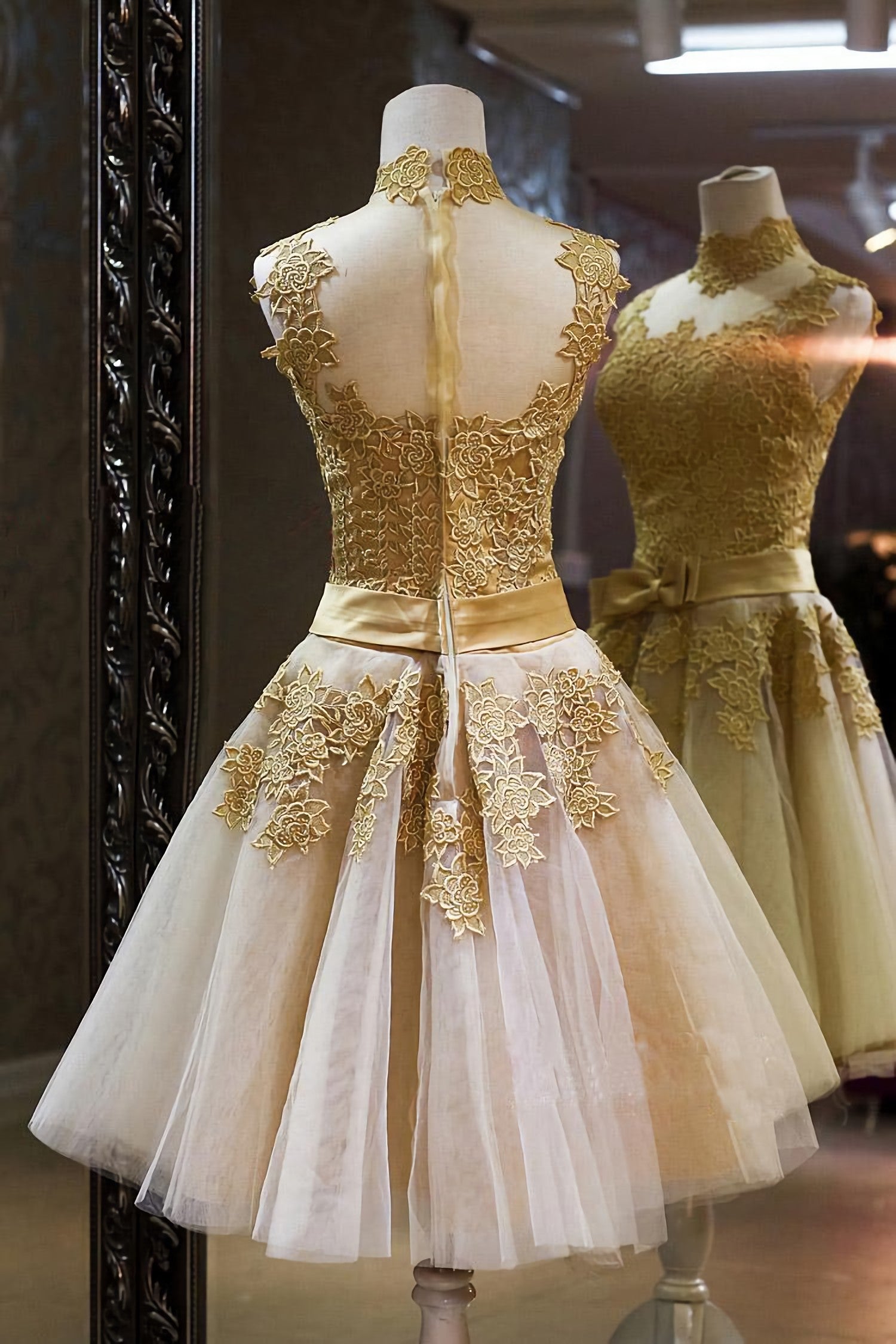 Party Dress Name, Gold Lace High Neck Short Prom Dress, Homecoming Dress