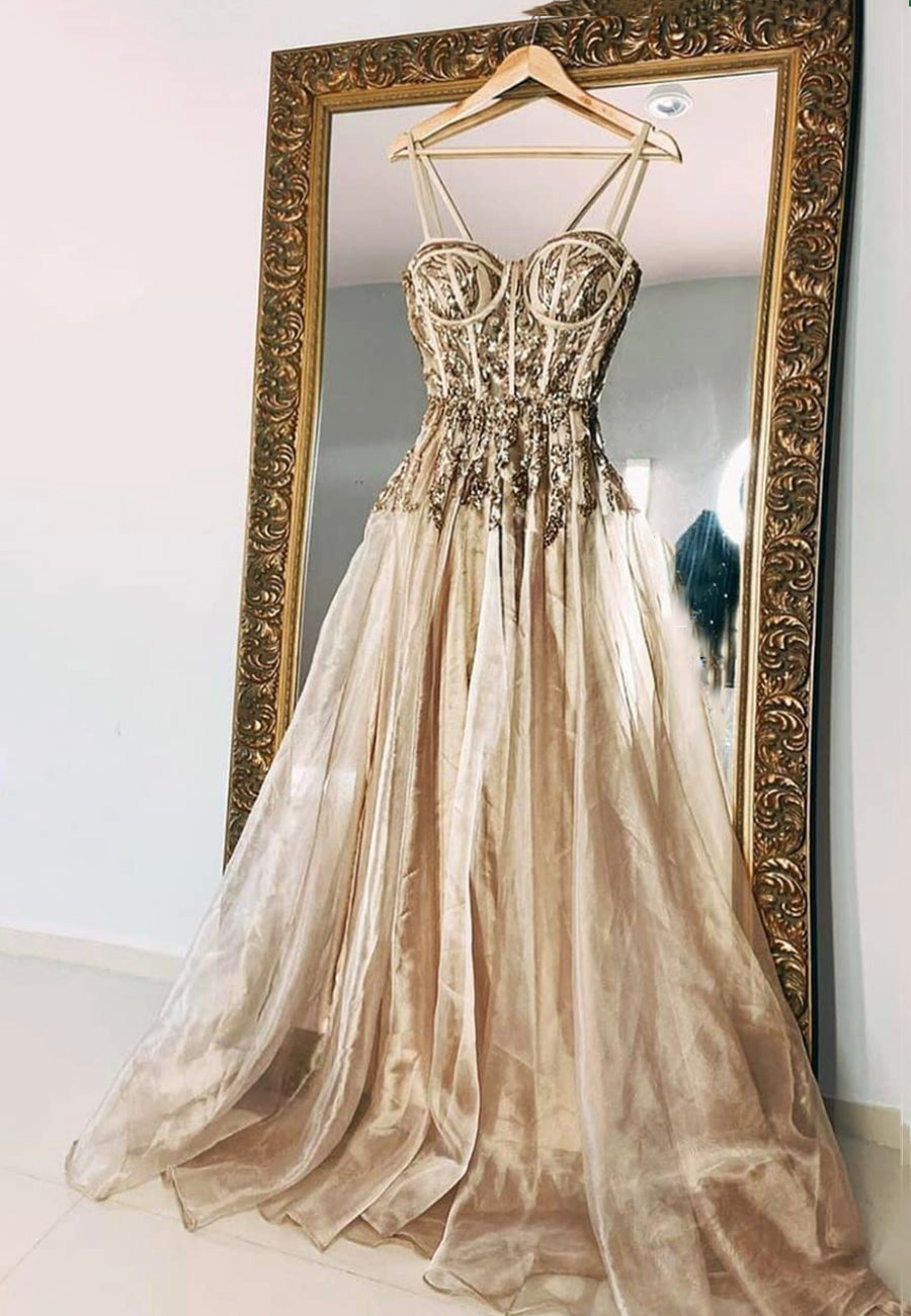 Bridesmaid Dress Fall, Gold Spaghetti Strap Sequins Long Prom Dresses