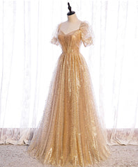 Formall Dresses Short, Gold Aline Tulle V Neck Long Prom Dress, Gold Formal Dresses