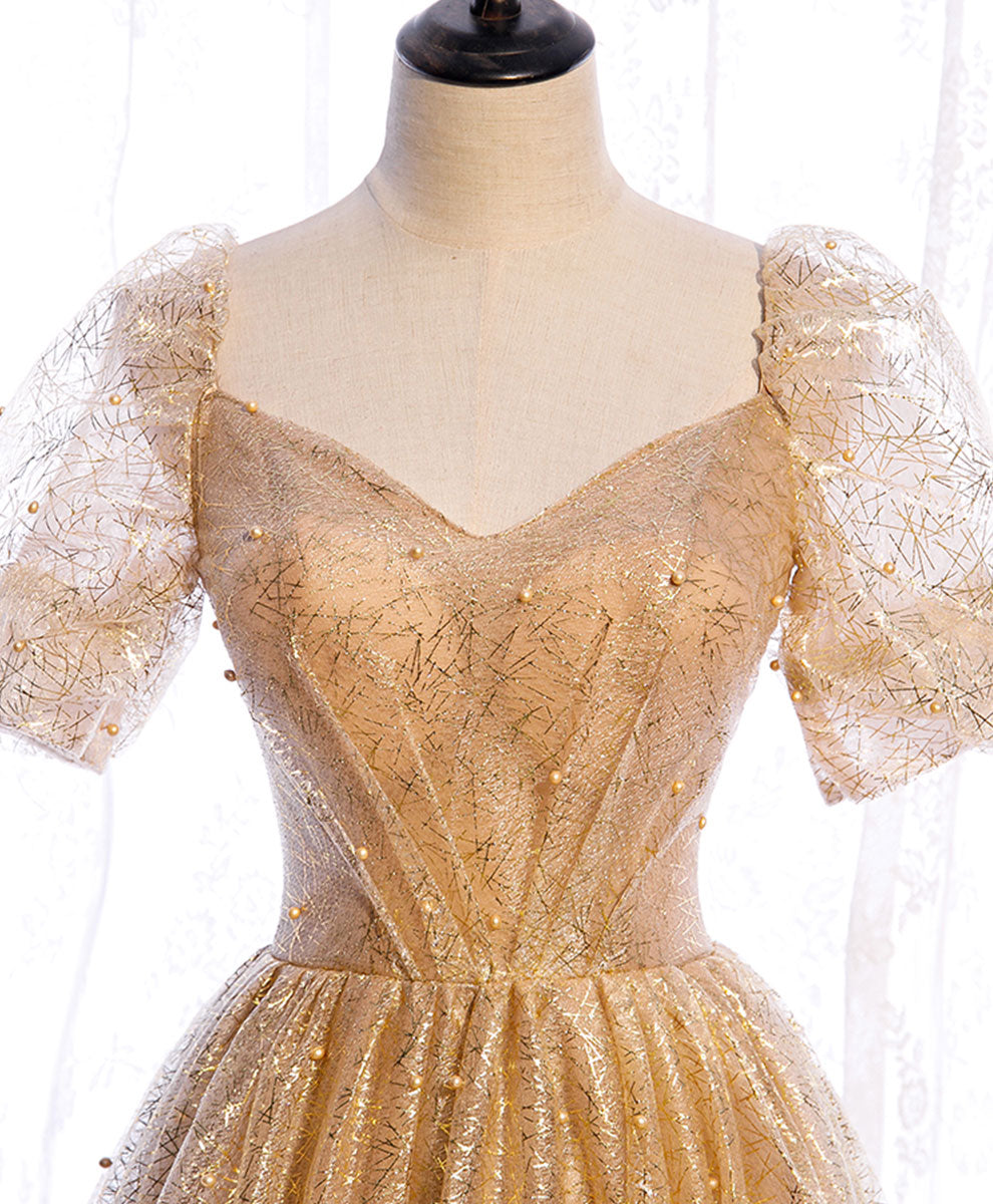 Formal Dress Fall, Gold Aline Tulle V Neck Long Prom Dress, Gold Formal Dresses