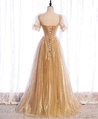 Formal Dresses Fall, Gold Aline Tulle V Neck Long Prom Dress, Gold Formal Dresses