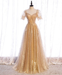 Formals Dresses Short, Gold Aline Tulle V Neck Long Prom Dress, Gold Formal Dresses