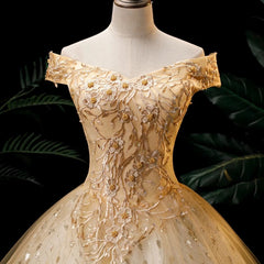 Prom Dress Floral, Gold Ball Gown Tulle with Lace Applique Formal Dress, Gold Sweet 16 Dress
