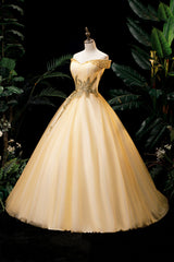 Prom Dresses Under 52, Gold Floor Length Tulle Beading Formal Dress, Lovely Off the Shoulder Evening Party Dress