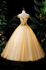 Prom Dresses Uk, Gold Floor Length Tulle Beading Formal Dress, Lovely Off the Shoulder Evening Party Dress