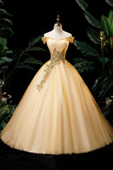 Prom Dresses Classy, Gold Floor Length Tulle Beading Formal Dress, Lovely Off the Shoulder Evening Party Dress